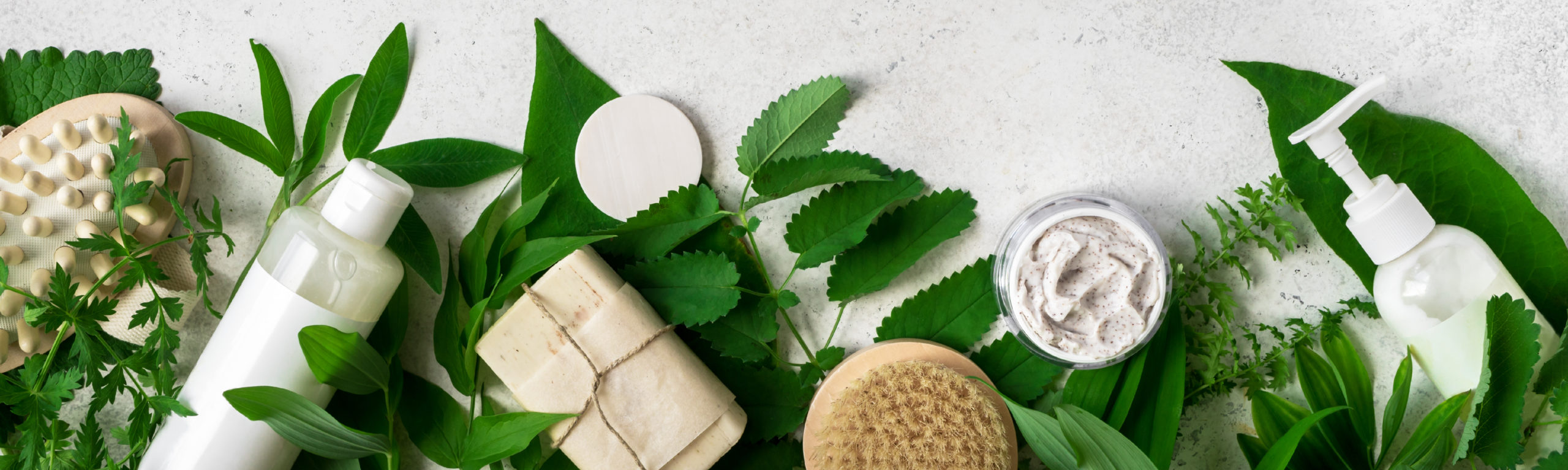Natural,Cosmetics,And,Green,Leaves,On,White,Stone,Background,,Banner.